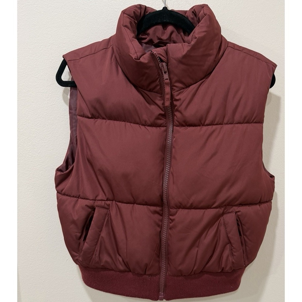 Aeropostale Puffer Vest Women's M Burgundy Quilted Zip Up‎ Ribbed Hem